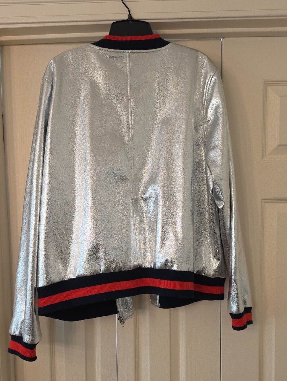Eloquii Silver Metallic Bomber Jacket with Navy & Red Trim - Picture 5 of 5